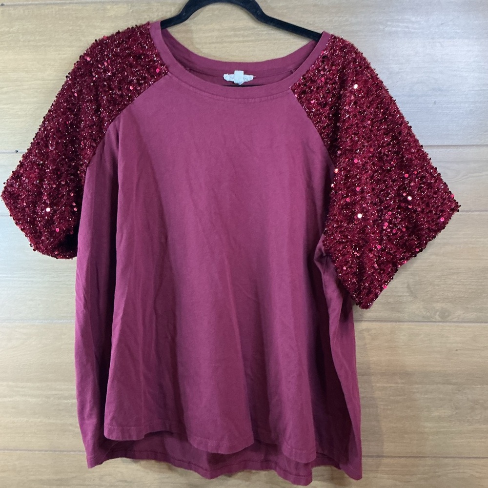 Cotton Bleu Sequin Sleeve Top Womens 2X Burgundy Raglan Sparkle Blouse Curvy